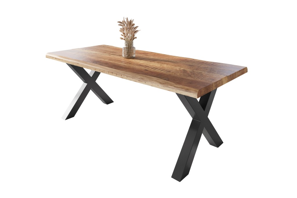 Esstisch Baumkante massiv Mango rough 220 x 100 X-Gestell schwarz ATLAS
