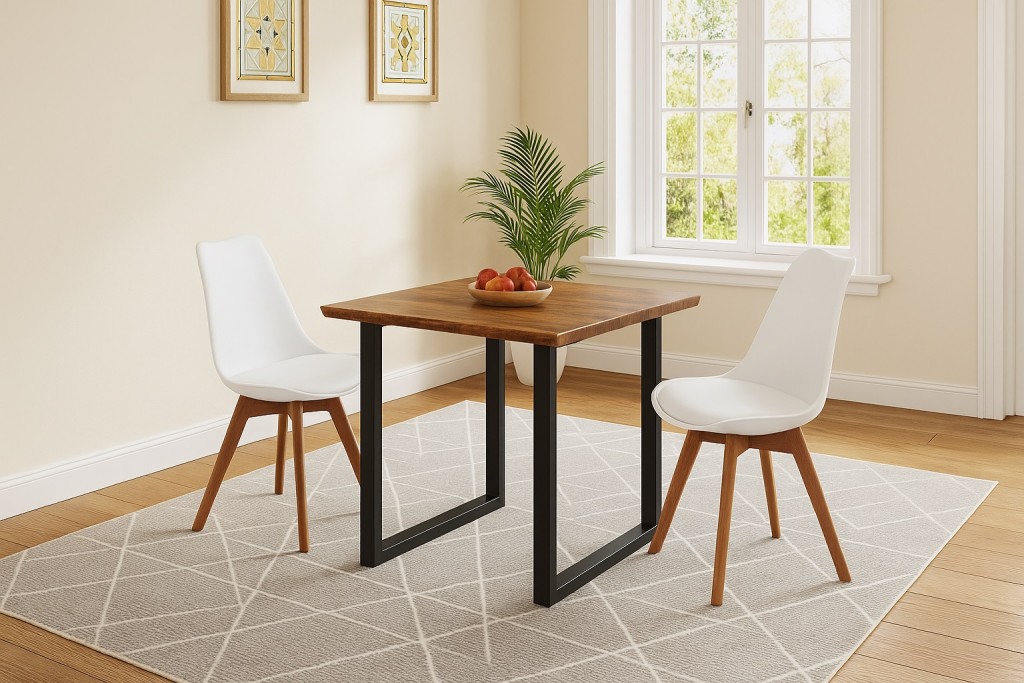 Essgruppe Baumkante massiv 80 x 80 cm Akazie nussbaumfarben U-Gestell schwarz & 2 Stühle weiß QUINN