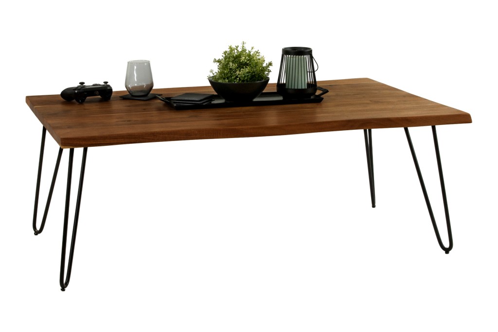 Couchtisch Baumkante massiv Akazie nussbaum 120 x 80 Hairpin-Gestell schwarz NOAH