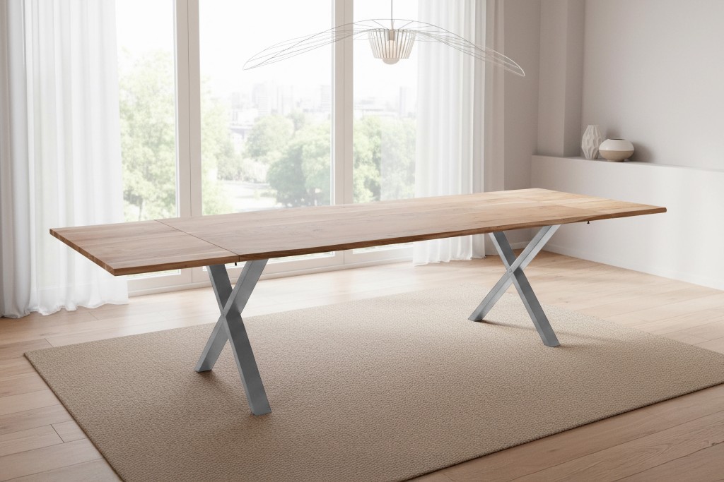 Esstisch Baumkante Akazie natur 200(300)x100 Ansteckplatten X-Gestell silber AVINO