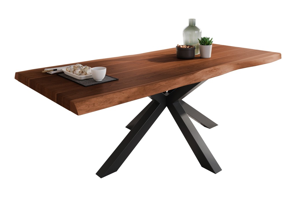 Esstisch Baumkante massiv Akazie Nussbaum 220 x 110 Spider-Gestell schwarz ATLAS