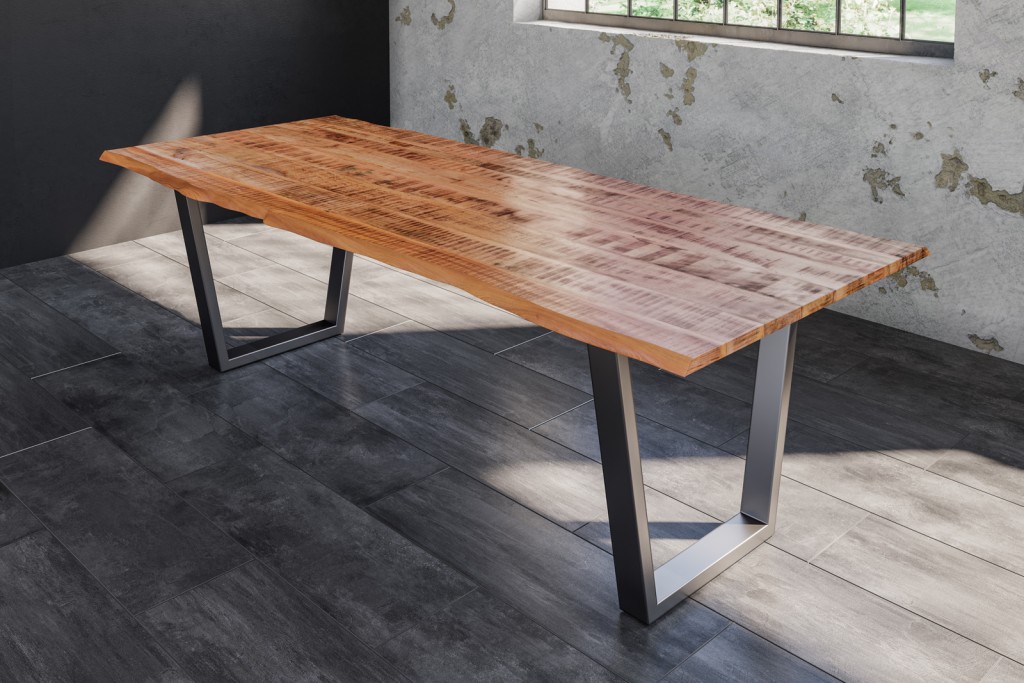 Esstisch Baumkante Massiv Mango naturfarben 280 x 100 silber V-Gestell DORA