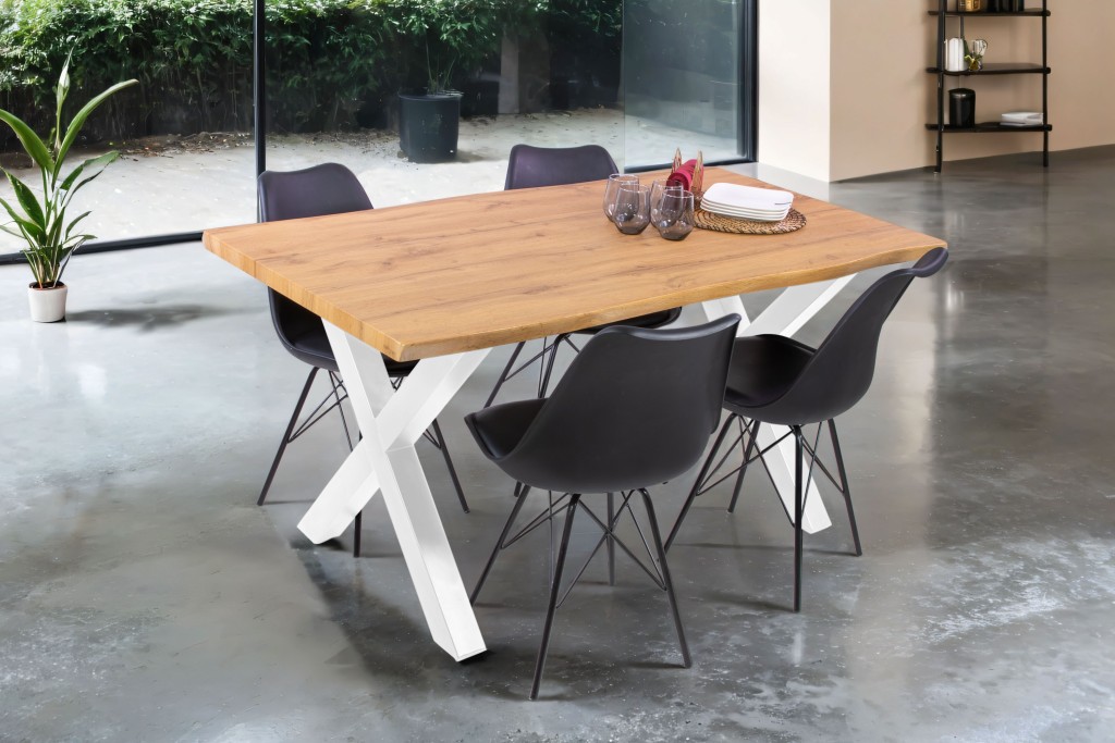 Esstisch Baumkante Holz-Optik Wildeiche 160 x 85 X-Gestell weiß JOSY