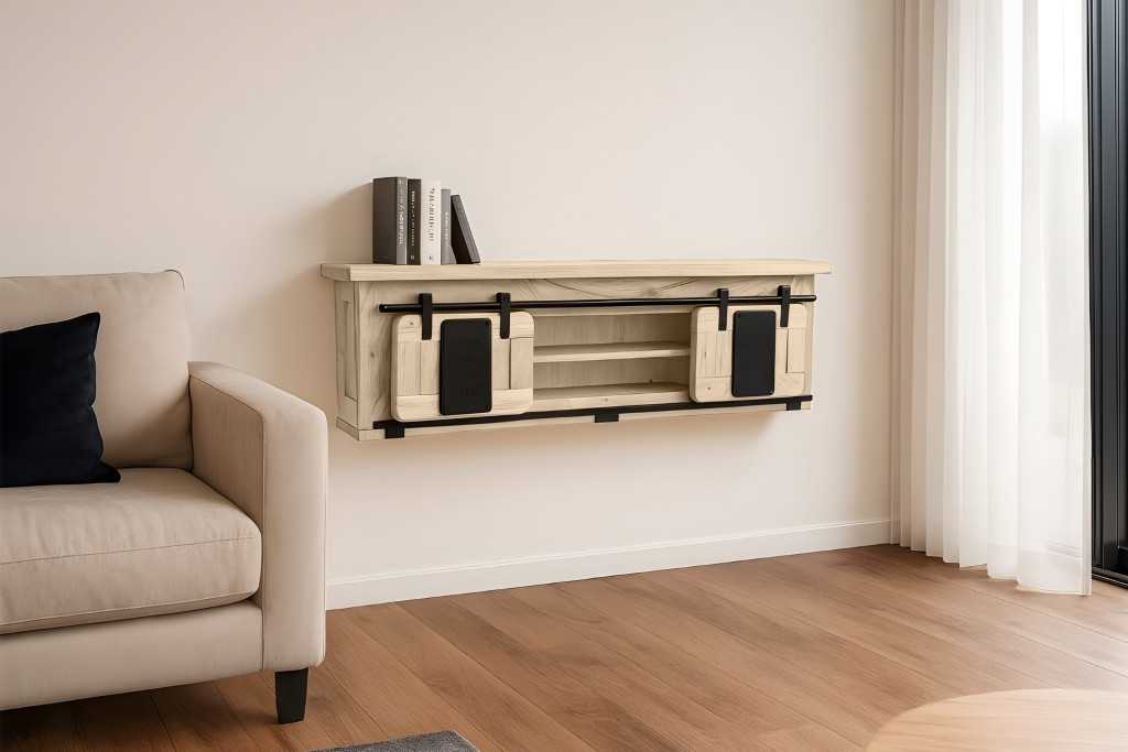 Wandboard Kommode mit Schiebetüren & 2 Schubfächern Akazie massiv eiche 130 x 25 x 35 cm LIBRO
