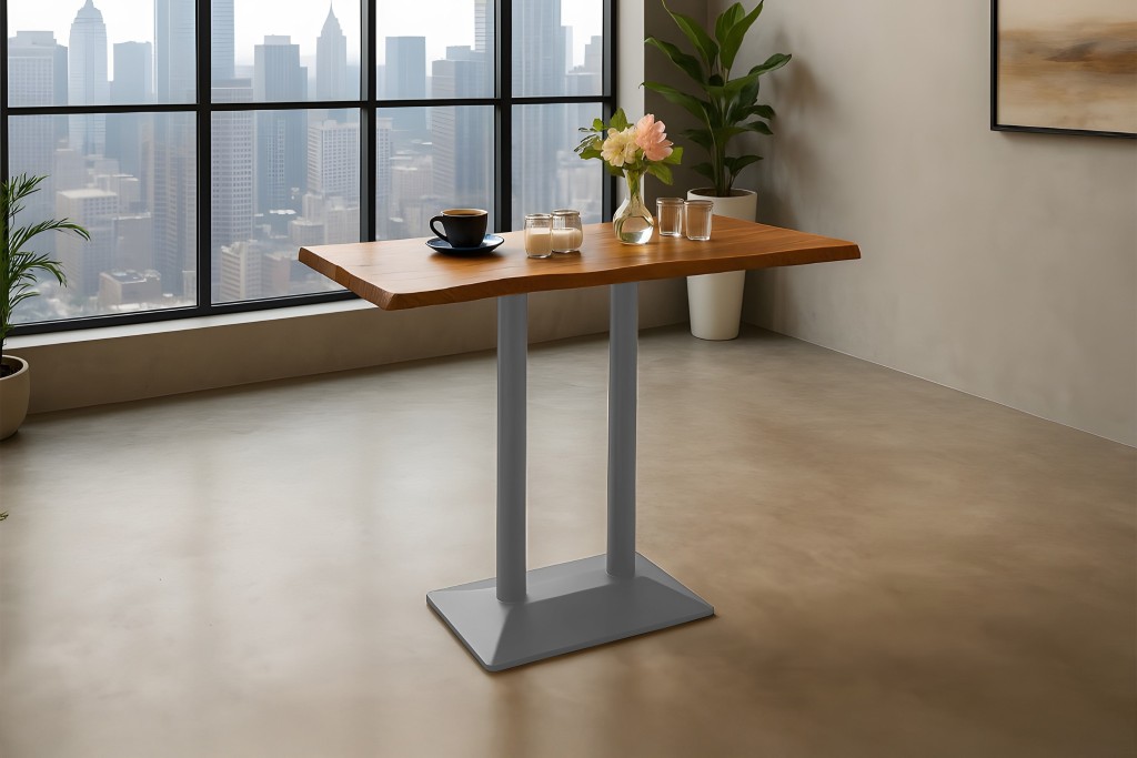 Bistrotisch Baumkante massiv 120 x 70 cm Akazie nussbaumfarben silber Doppelsäulengestell IAN