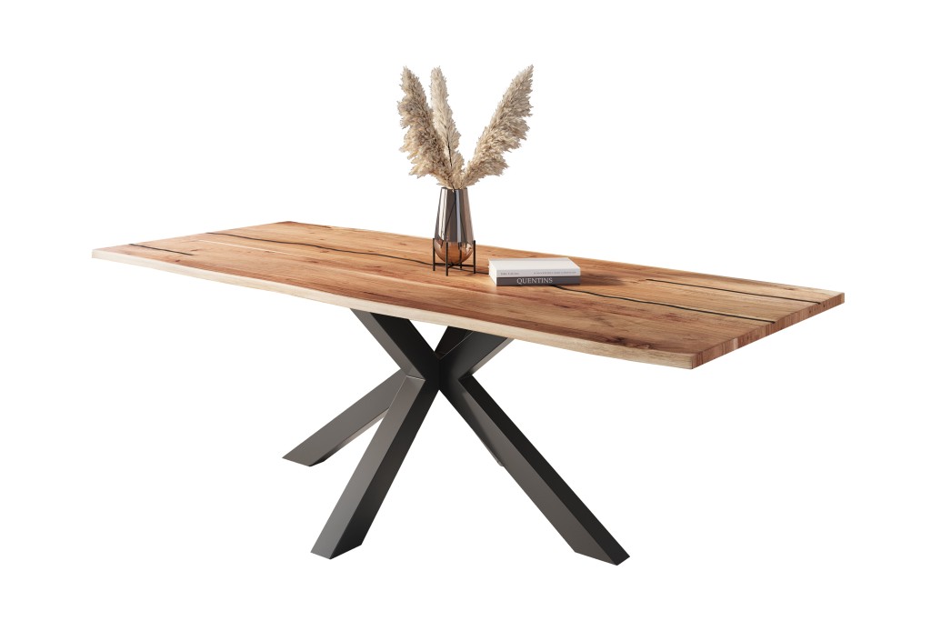 Baumkantentisch Akazie mit schwarzen Resin-Adern naturfarben 280 x 100 cm Spider-Gestell schwarz POLLY