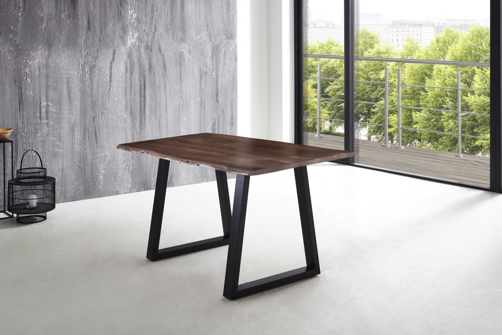 Esstisch Baumkante massiv Akazie nussbaum 180 x 90 schwarz V-Gestell LUBIN