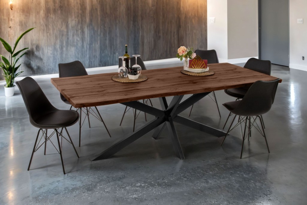 Esstisch Baumkante Holz-Optik Nussbaum 240 x 100 Spider-Gestell schwarz JOSY