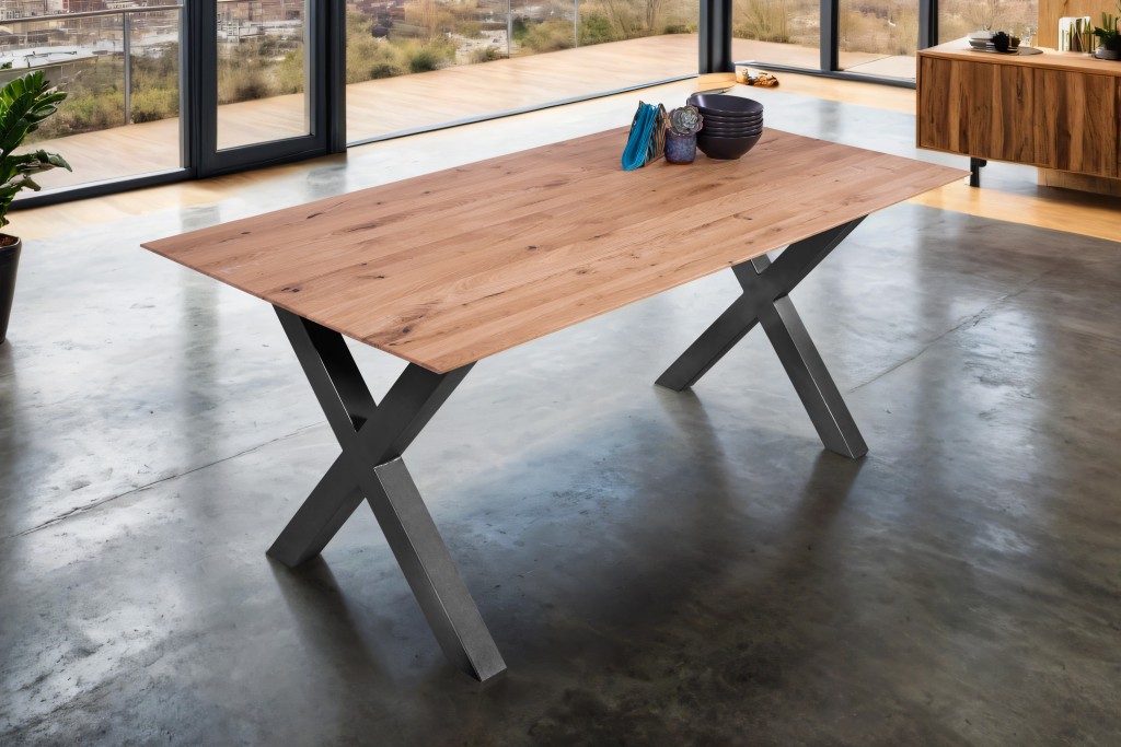 Esszimmertisch Schweizer Kante eckig massiv & geölt Eiche 200x100 schwarz X-Gestell Lotte