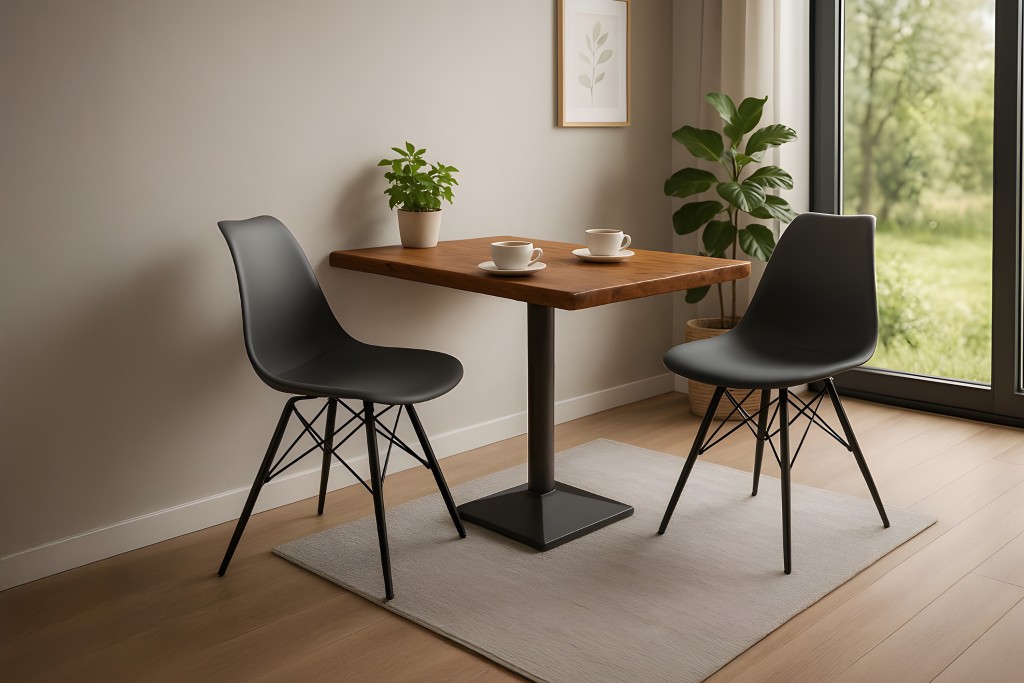 Essgruppe Bistrotisch Baumkante massiv 80 x 60 cm Akazie nussbaum schwarz Säulengestell INES