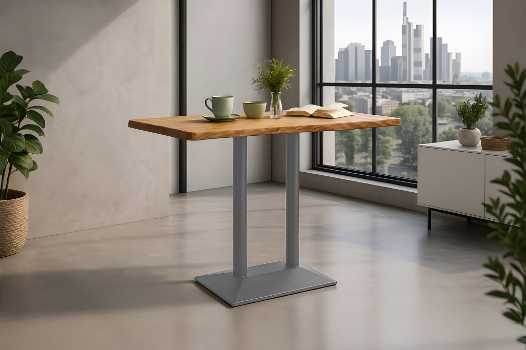 Bistrotisch Baumkante massiv 120 x 70 cm Akazie naturfarben silber Doppelsäulengestell IAN