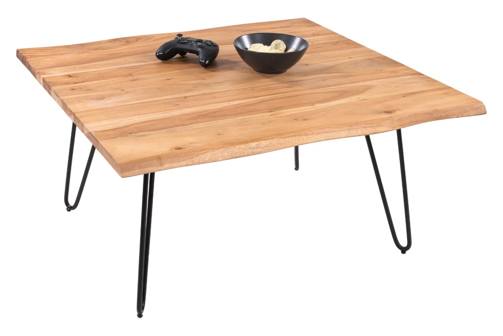 Couchtisch Baumkante massiv Akazie natur 80 x 80 Hairpin-Gestell schwarz NOAH