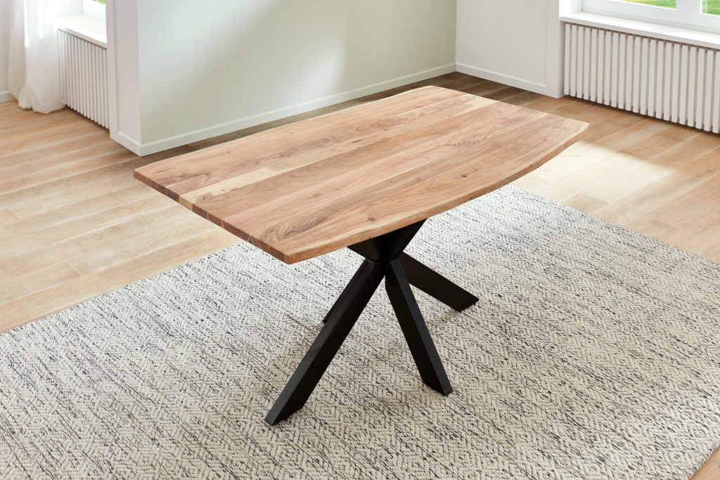 Esstisch Baumkante massiv Akazie natur 140x80 cm Spider-Gestell schwarz Kalea
