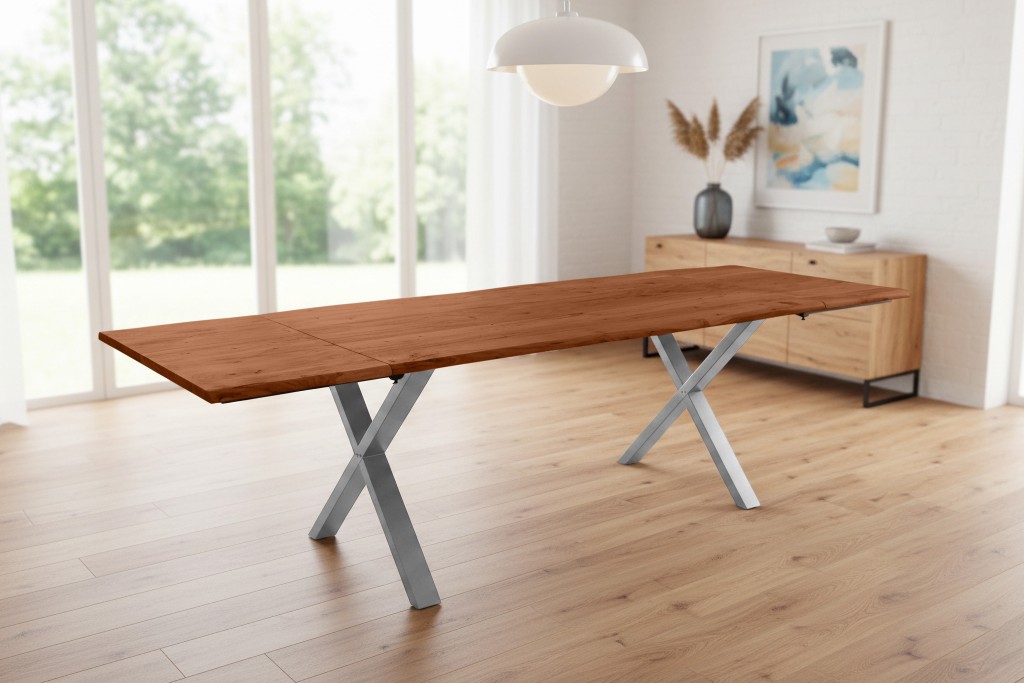 Esstisch Baumkante Akazie nuss 160(260)x90 Ansteckplatten X-Gestell silber AVINO