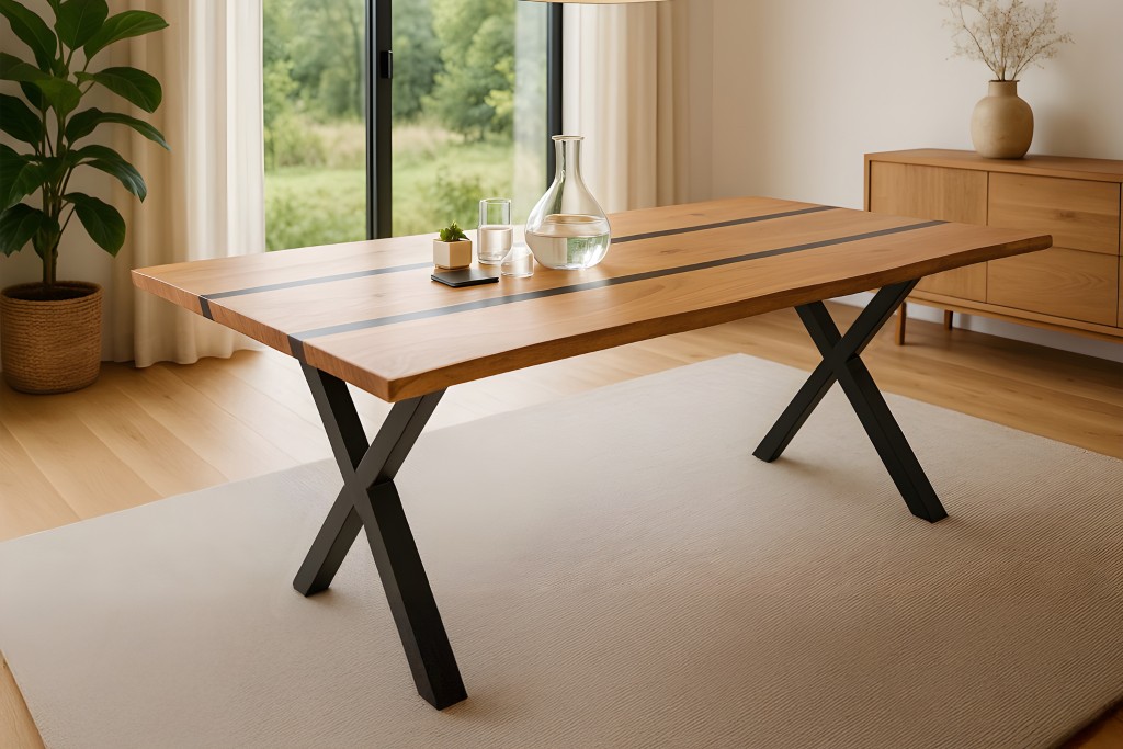 Esstisch 240 x 100 cm Akazie massiv natur mit schwarzen Resin-Adern X-Gestell schwarz PETER