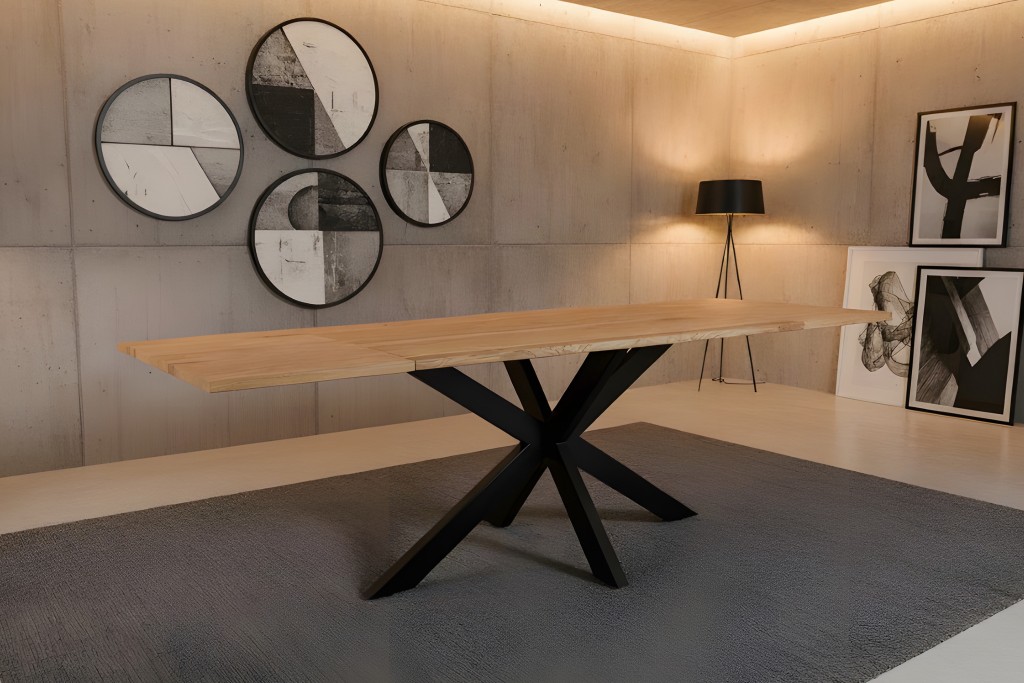 Esstisch Baumkante massiv Eiche 200 (300) x 100 Ansteckplatten Spider-Gestell schwarz SESSA