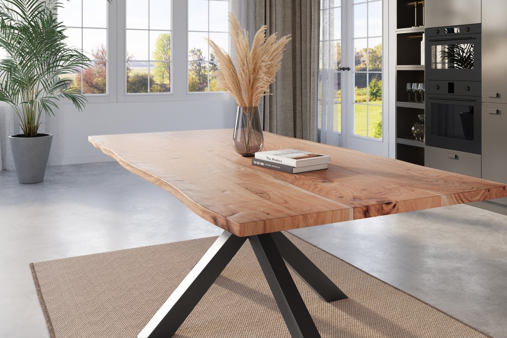 Esstisch Baumkante massiv Akazie natur 220 x 100 cm Spider-Gestell schwarz KALEA