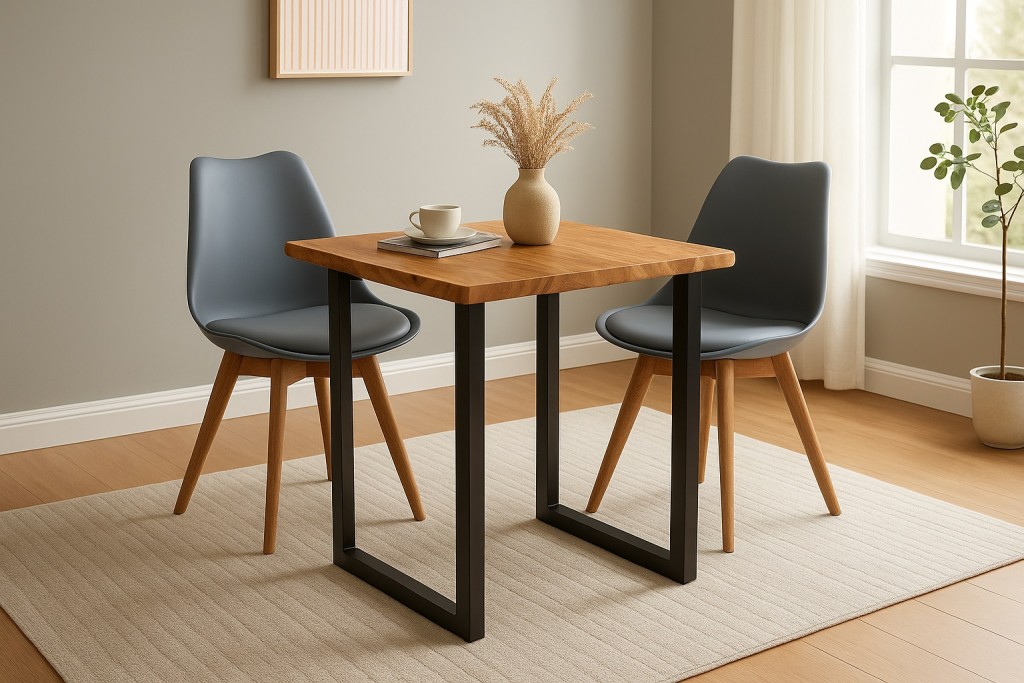 Essgruppe Baumkante massiv 90 x 90 cm Akazie naturfarben U-Gestell schwarz & 2 Stühle grau QUINN