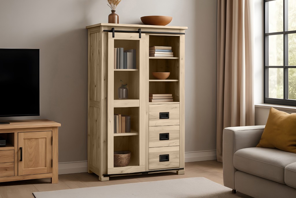 Highboard Vitrine Akazie massiv 100 x 45 x 175 cm eichefarben mit Glasrolltür LIBRO