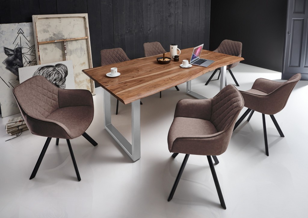 Essgruppe Baumkante 140 x 80 Akazie natur silber 7tlg. MILO