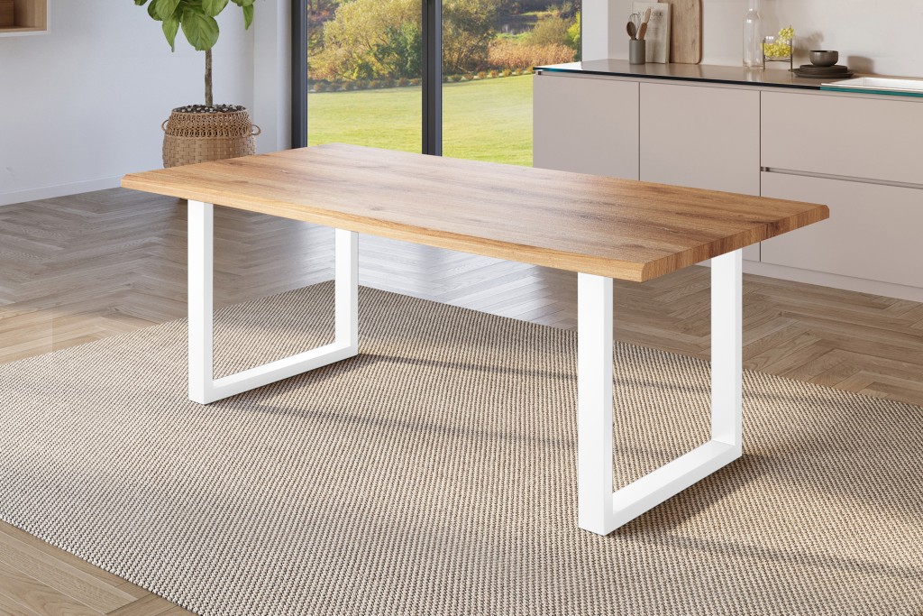 Esstisch Baumkante Holz-Optik Wildeiche 200 x 100 U-Gestell weiß JULIUS