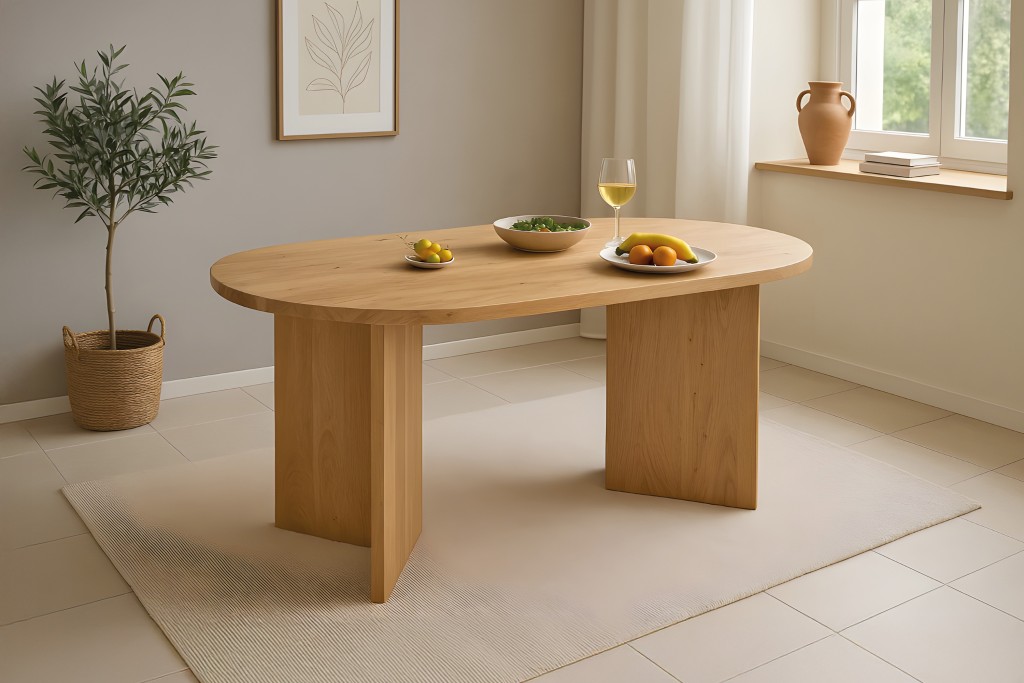 Esstisch 160 x 90 cm Akazienholz Natur gerade Kante oval V-Gestell LAURIE
