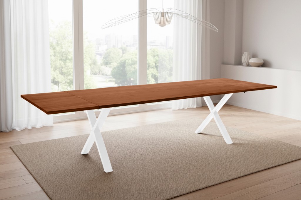 Esstisch Baumkante Akazie nuss 220(320)x100 Ansteckplatten X-Gestell weiß AVINO