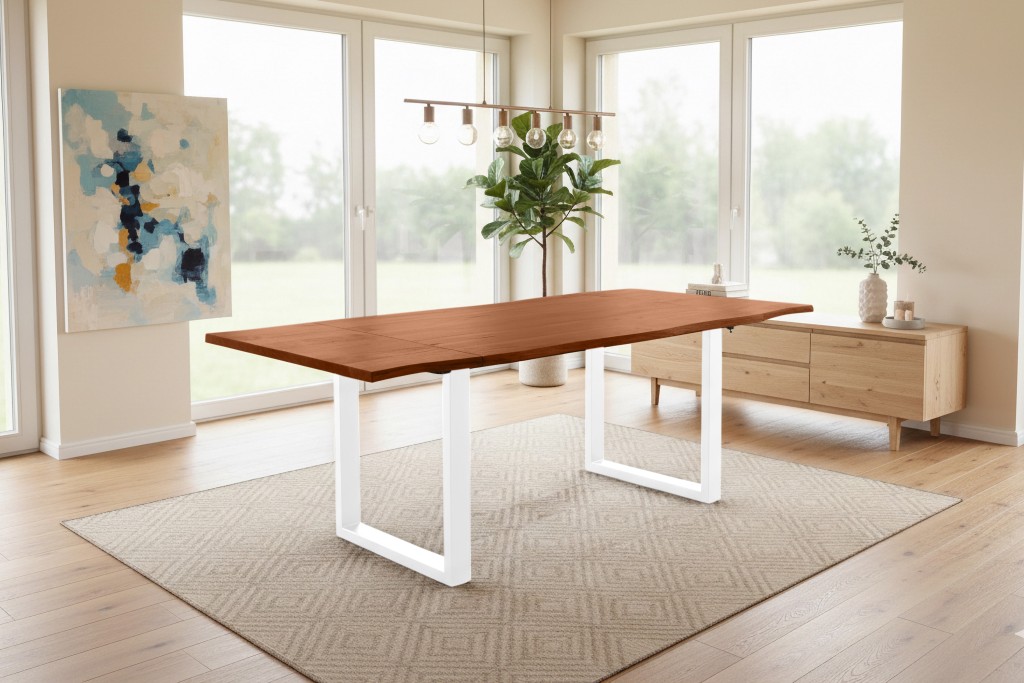 Esstisch Baumkante Akazie nuss 140(220)x90 Ansteckplatten U-Gestell weiß AVINO