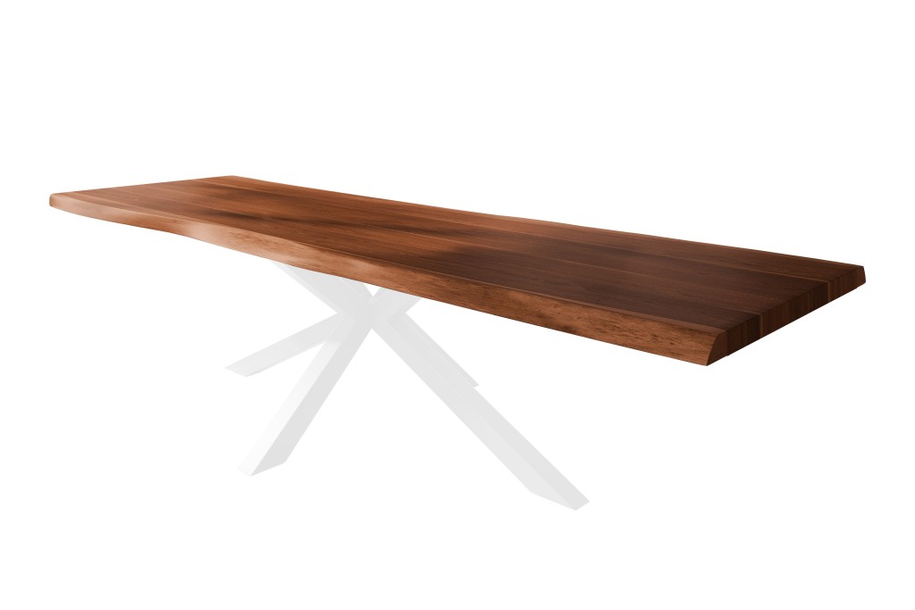 Esstisch Baumkante massiv Akazie nussbaumfarben 400 x 120 Spider-Gestell Metall weiß TITAN