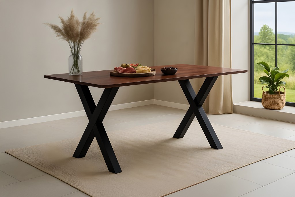 Esstisch 160x85cm Akazie massiv kastanienfarben schweizer Kante X-Gestell schwarz RITA
