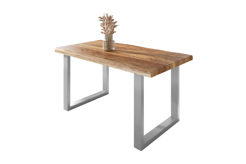 Esstisch Baumkante massiv Mango rough 160 x 85 U-Gestell silber ATLAS
