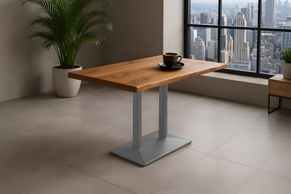 Bistrotisch Baumkante massiv 100 x 60 cm Akazie naturfarben Doppelsäulengestell silber ISLA