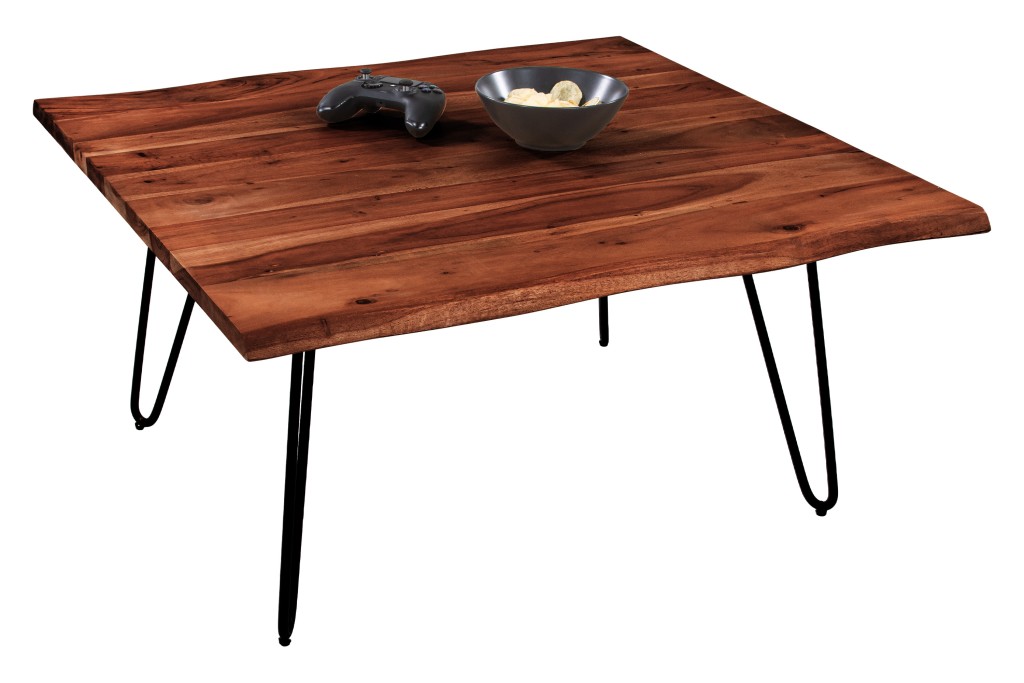 Couchtisch Baumkante massiv Akazie nussbaum 90 x 90 Hairpin-Gestell schwarz NOAH