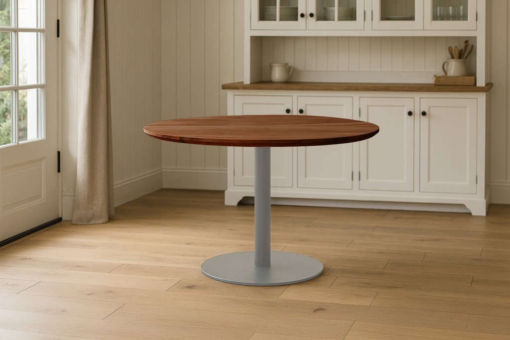 Bistrotisch Schweizer Kante massiv 110 cm Akazie nussbaum Säulengestell-rund silber BRASILIAN