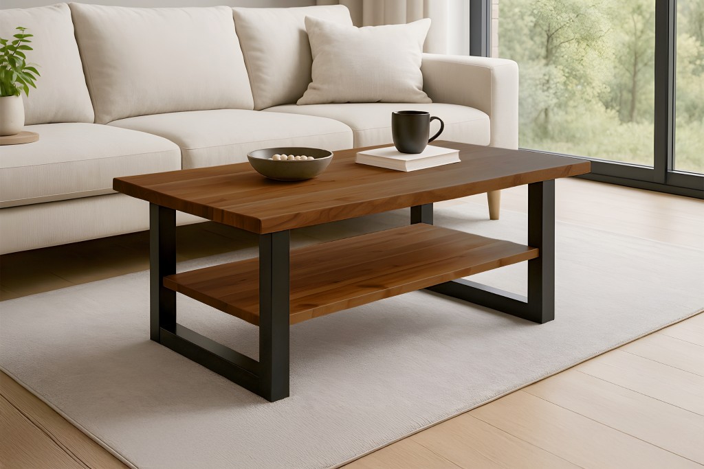 Couchtisch Baumkante 115 x 65 cm Akazie honigfarben schwarz PATRICK