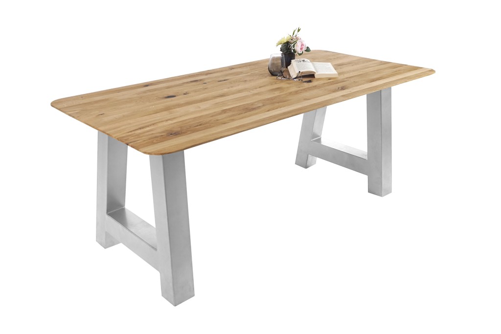 Esszimmertisch Schweizer Kante rund massiv & geölt Eiche 180x90 silber A-Gestell Lotte
