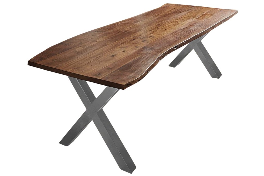 Esstisch Baumkante massiv Akazie nussbaum 220 x 100 X-Gestell silber XAVER
