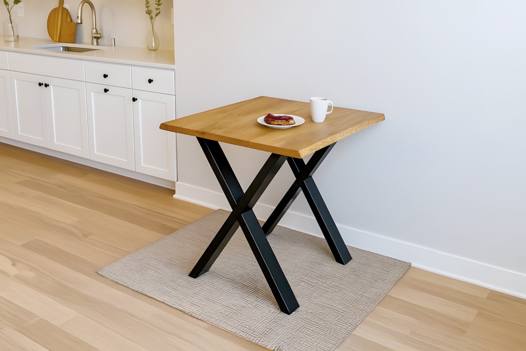 Esstisch Baumkante massiv Eiche geölt 80 x 80 cm X-Gestell schwarz SALVADOR
