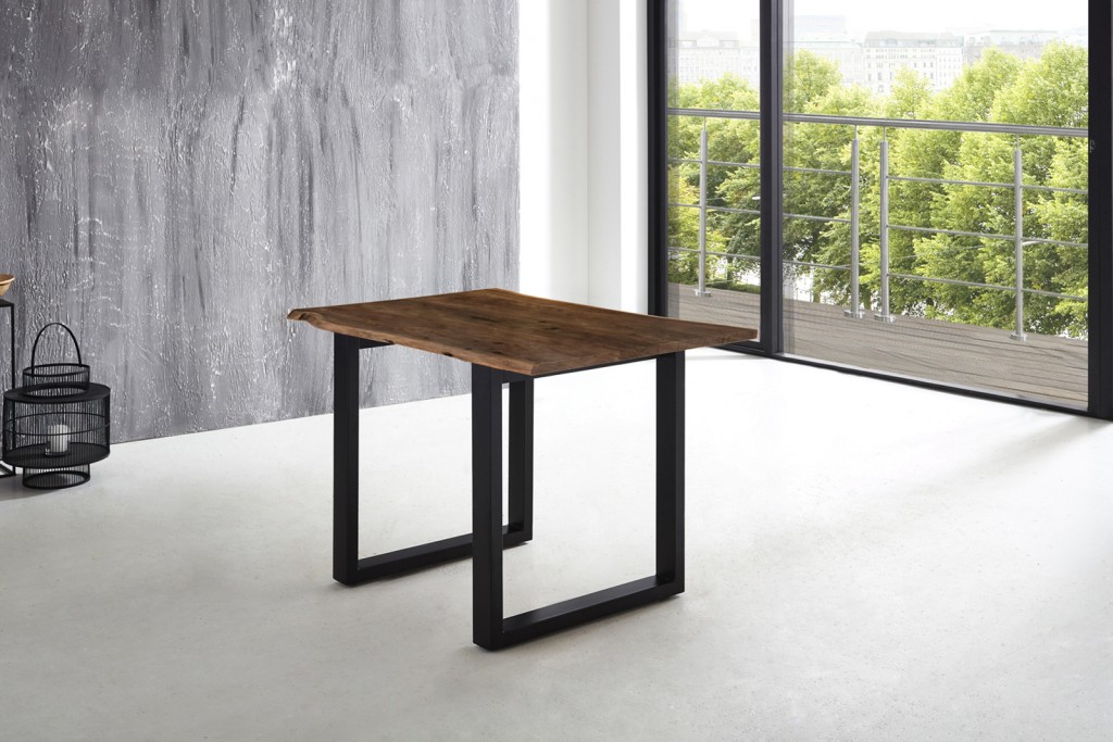 Esstisch Baumkante massiv Akazie nussbaum 120 x 80 schwarz U-Gestell LUBIN