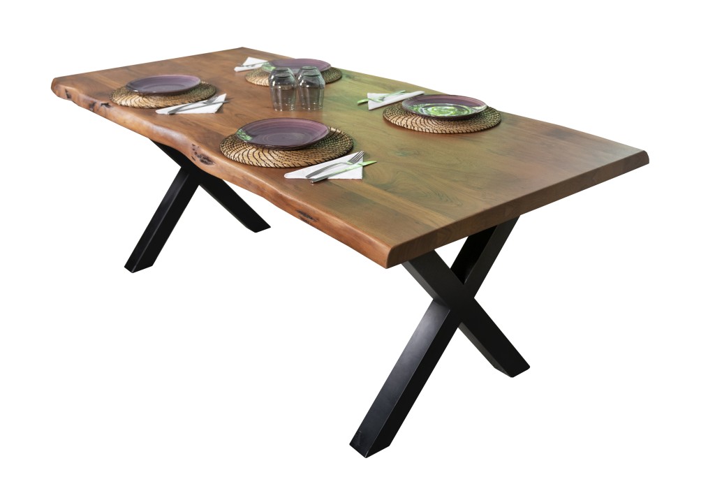 Esstisch Baumkante massiv Akazie Nuss 220 x 110 X-Gestell schwarz CALI