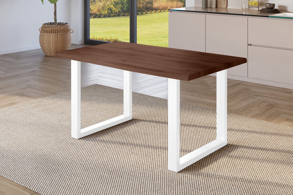 Esstisch Baumkante Holz-Optik Nussbaum 160 x 85 U-Gestell weiß JULIUS