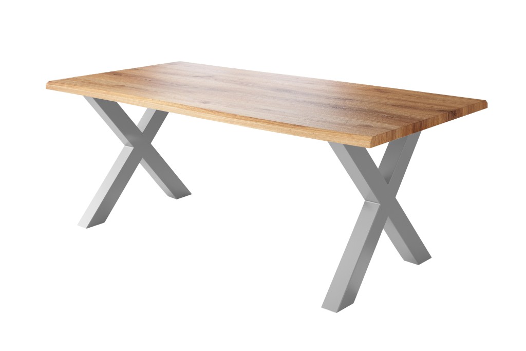 Esstisch Baumkante Holz-Optik Wildeiche 180 x 90 X-Gestell silber JULIUS