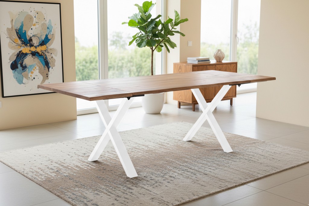 Esstisch Baumkante Akazie natur 120(200)x90 Ansteckplatten X-Gestell weiß AVINO