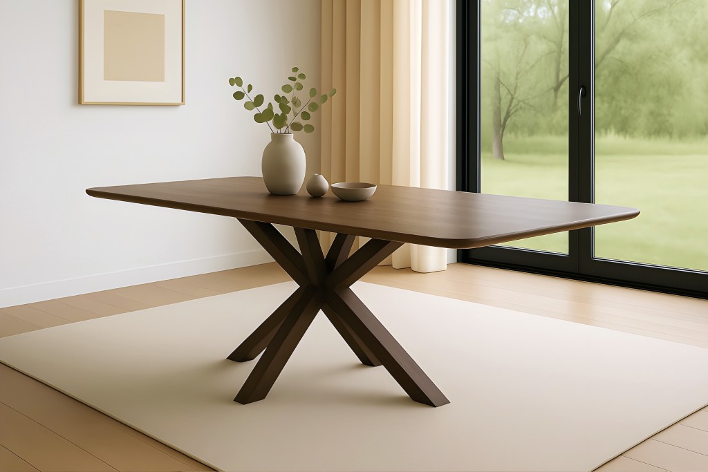 Esstisch 220 x 100 cm Akazie massiv kastanienfarben Schweizer Kante Spider-Gestell Holz kastanie ROBERTO