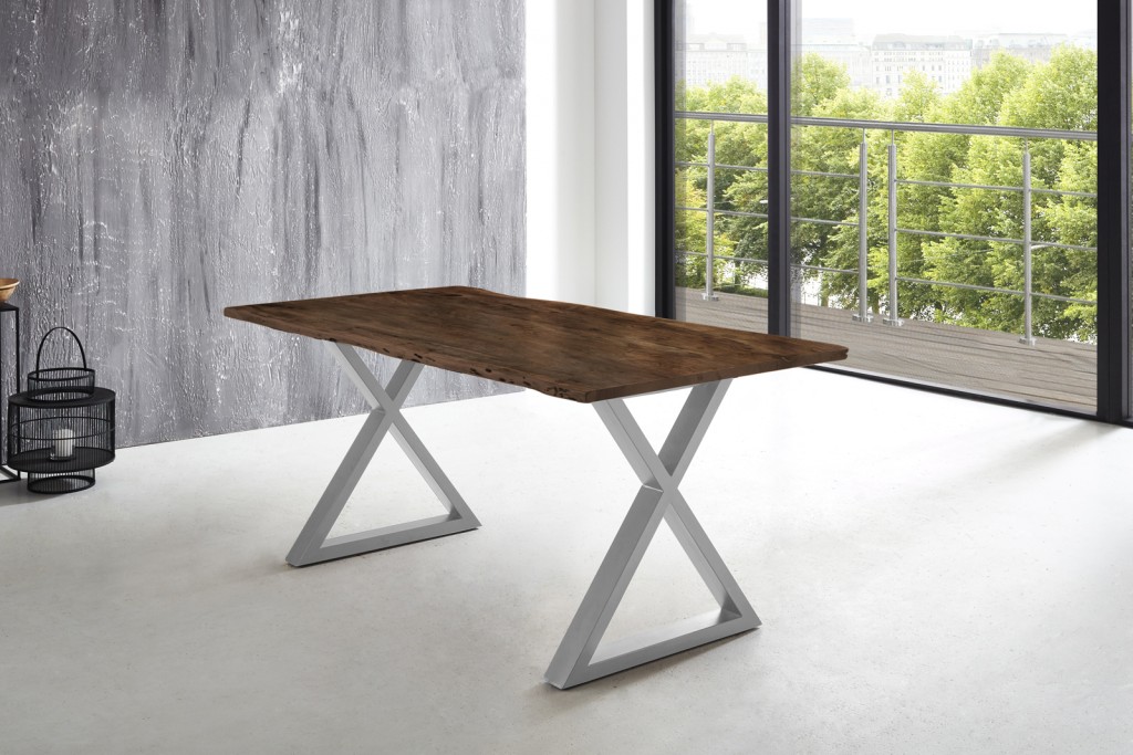 Esstisch Baumkante massiv Akazie nussbaum 180 x 90 silber X-Gestell LUBIN