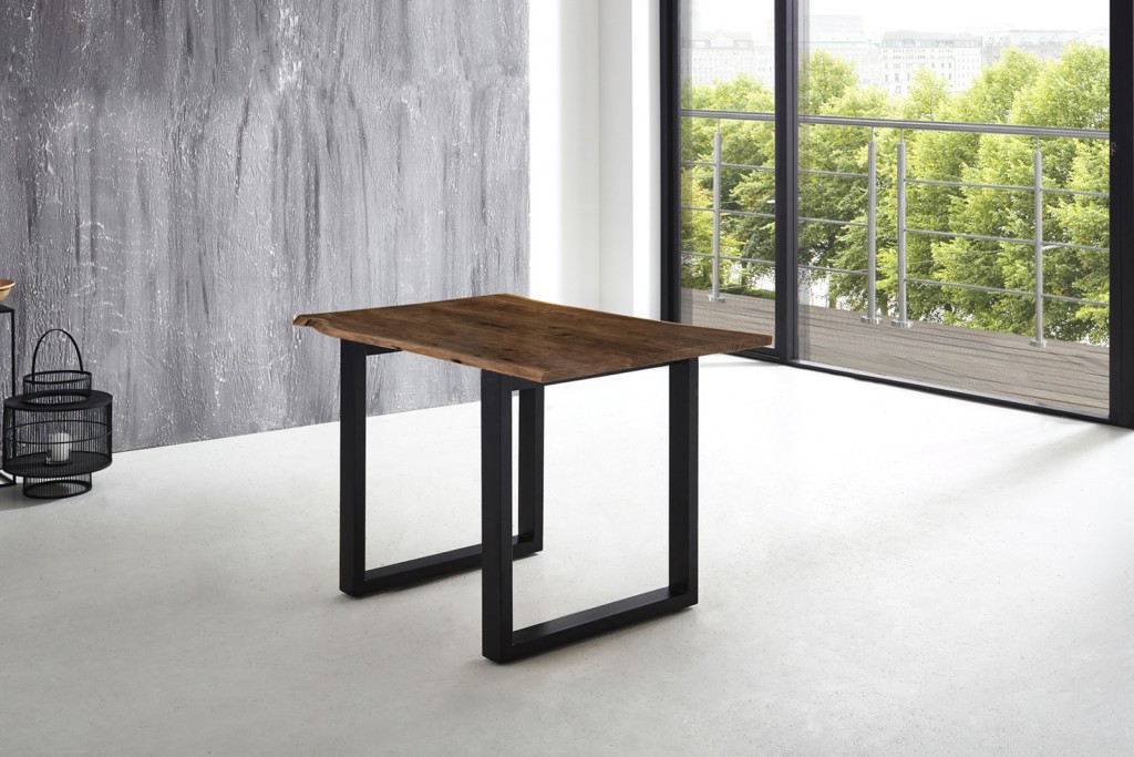 Esstisch Baumkante massiv Akazie nussbaum 140 x 80 schwarz U-Gestell LUBIN