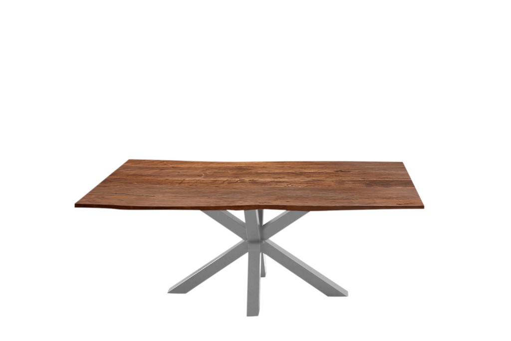 Esstisch Baumkante massiv Akazie nussbaum 180 cm Spider-Gestell silber QUINCY