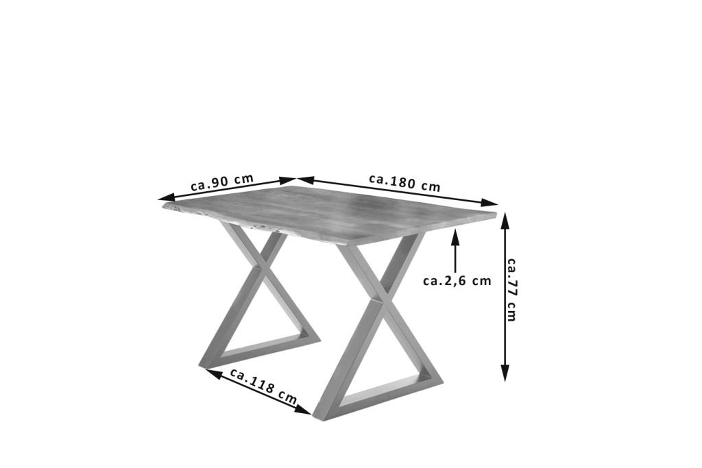 Esstisch Baumkante massiv Akazie natur 180 x 90 silber X-Gestell LUBIN