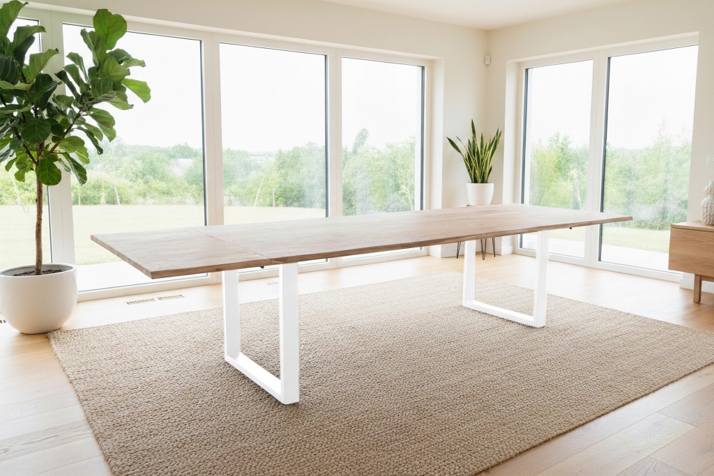 Esstisch Baumkante Akazie natur 220(320)x100 Ansteckplatten U-Gestell weiß AVINO