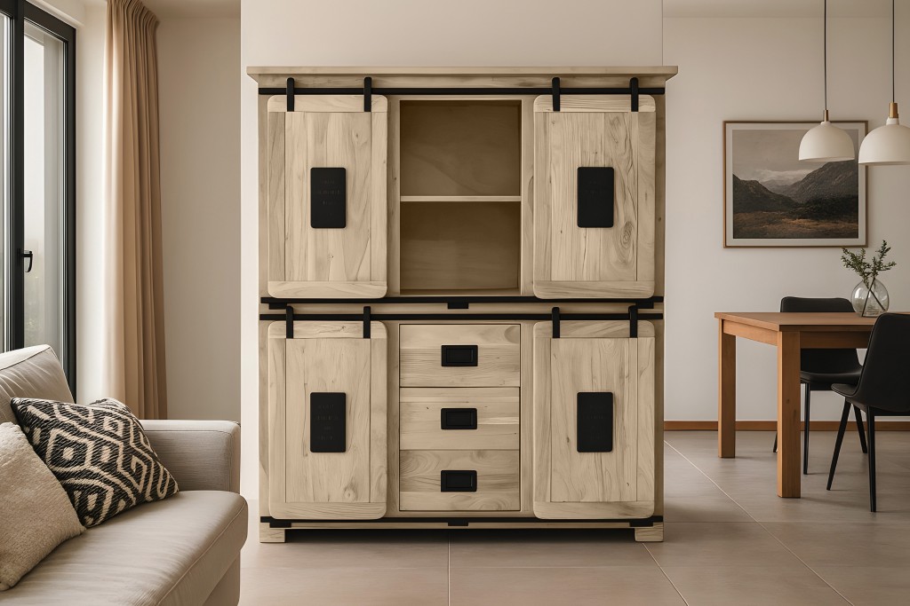 Highboard Vitrine Akazie massiv 150 x 45 x 160 cm eichefarben LIBRO